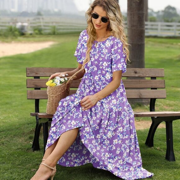 Women Casual Loose Bohemian Floral Dress with Pockets Short Sleeve Long Maxi Sum - Picture 2 of 4